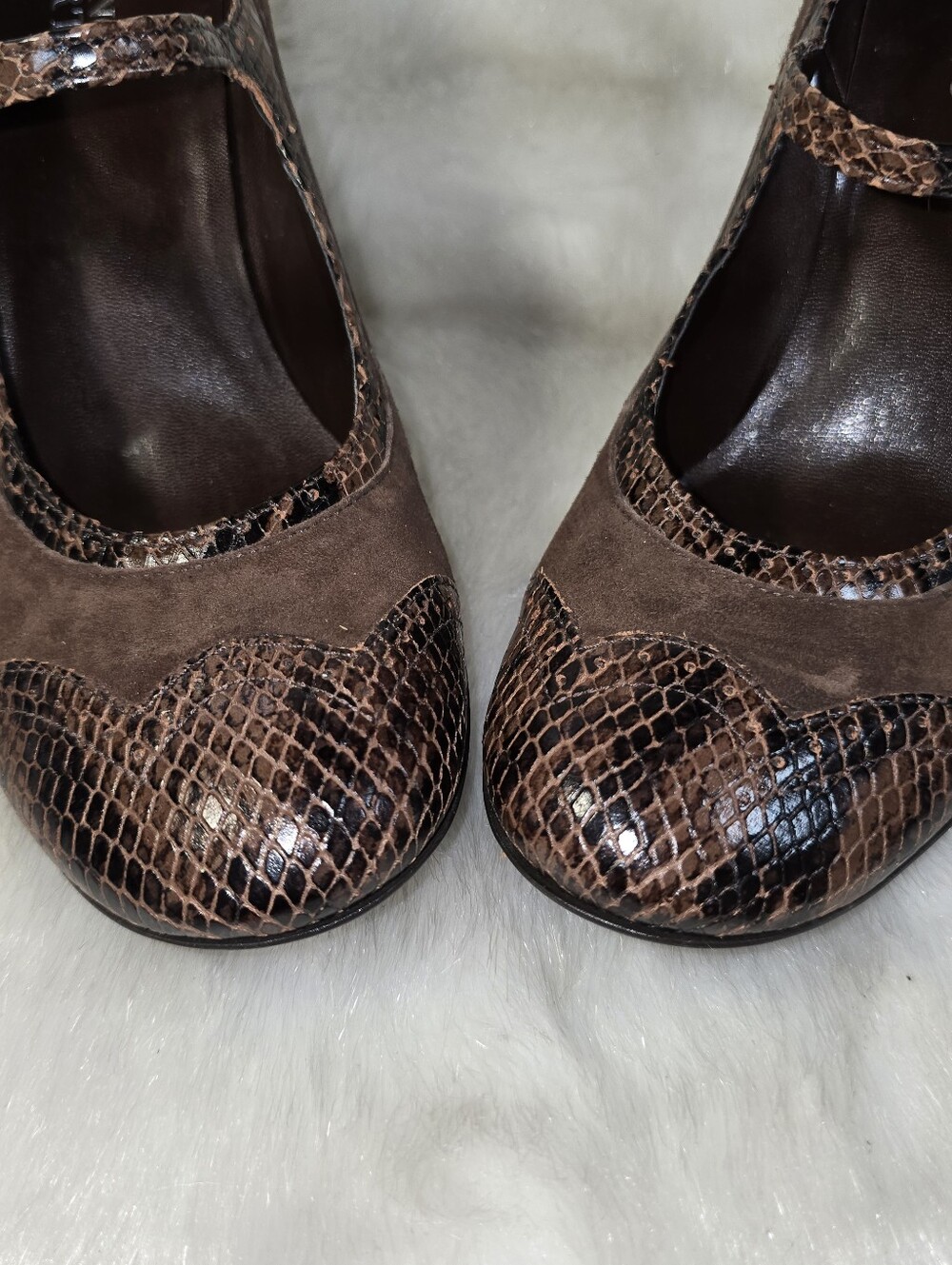 Franco Sarto Brown Suede & Snakeskin "Fallon" Mary Jane Kitten Heel Pumps - Picture 10 of 16